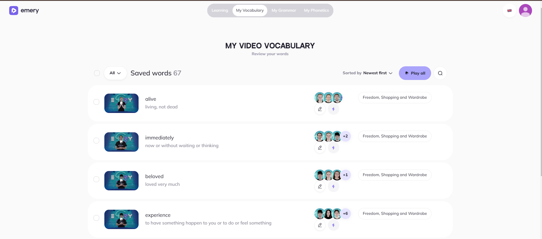 Video Dictionary in EMERY
